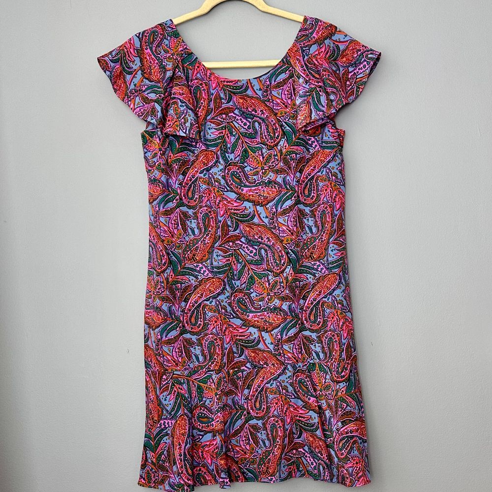 J.‎ Crew Silk Dress Size 2 Pink Blue Paisley Ruffle Sleeves Summer Party